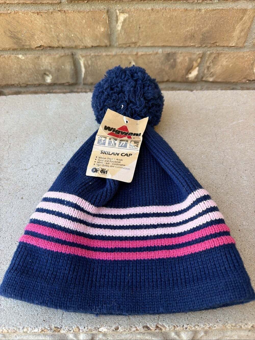 VTG Wigwam Blue Pink Striped Winter Pom Hat Cap Beanie Wintuk Acrylic Ski USA